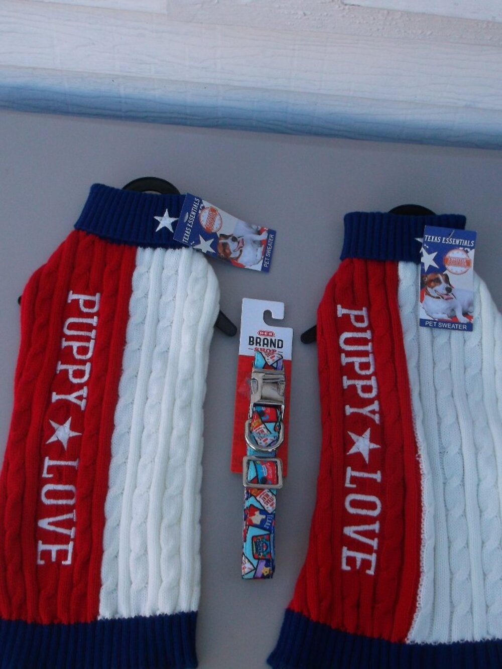 Bundle of two matching dog sweaters and HEB dog collar, all are NWT
